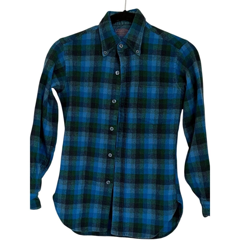 Vintage Pendleton Kids Pure Virgin Wool Flannel Shirt S Blue Green Plaid